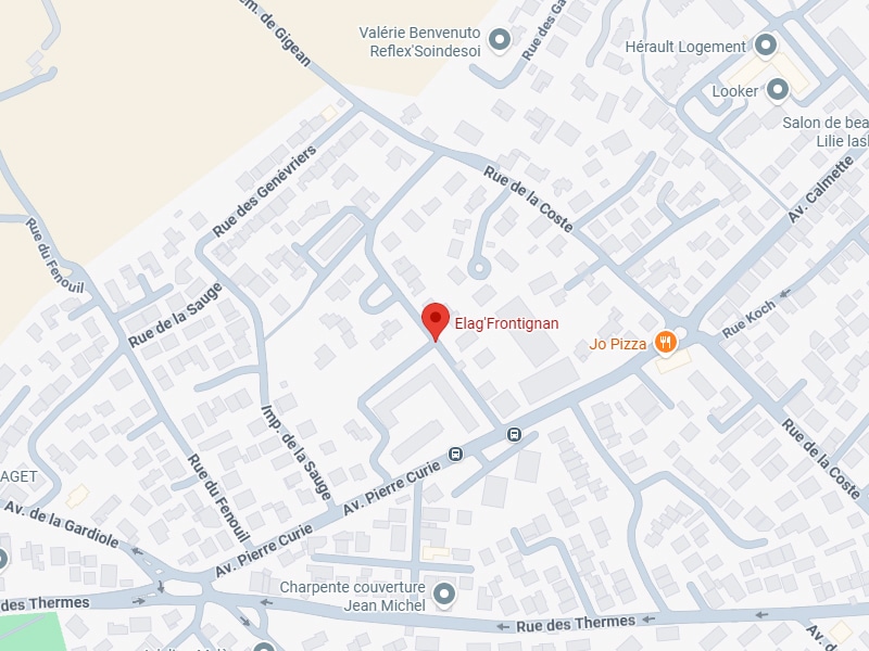 Localisation Elag'Frontignan : Carte rues Sauge, Curie Carte de Frontignan localisant Elag'Frontignan, près de Jo Pizza, Rue de la Sauge et Av. Pierre Curie.