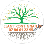 Logo d'élagage pour Elag'Frontignan avec un arbre vert aux feuilles jaunes, des racines grises et une tronçonneuse, affichant le numéro 07 84 61 22 95.