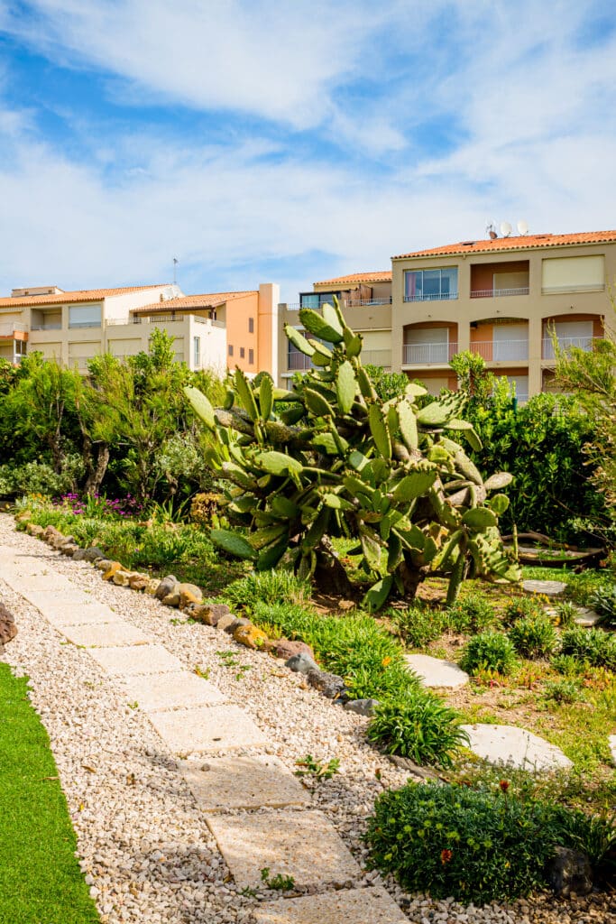 Jardin méditerranéen : grand cactus Opuntia devant la résidence. Sentier de pierres et gravier menant à un grand cactus Opuntia dans un jardin sec devant des résidences méditerranéennes au toit tuilé.