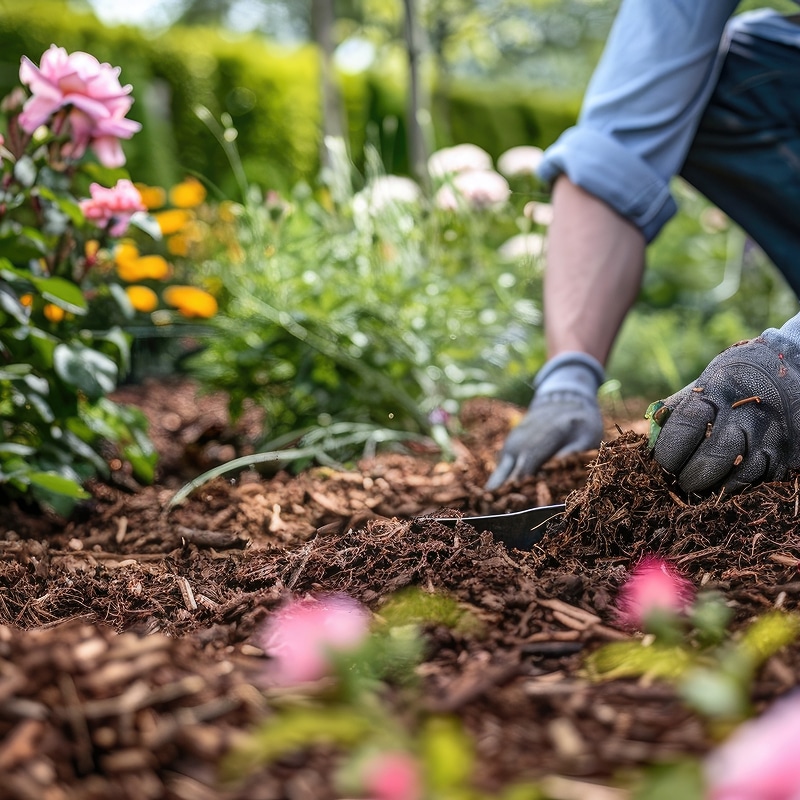 Jardinier aux gants appliquant du paillis d'écorce brune autour de roses roses et de fleurs jaunes en plein air.