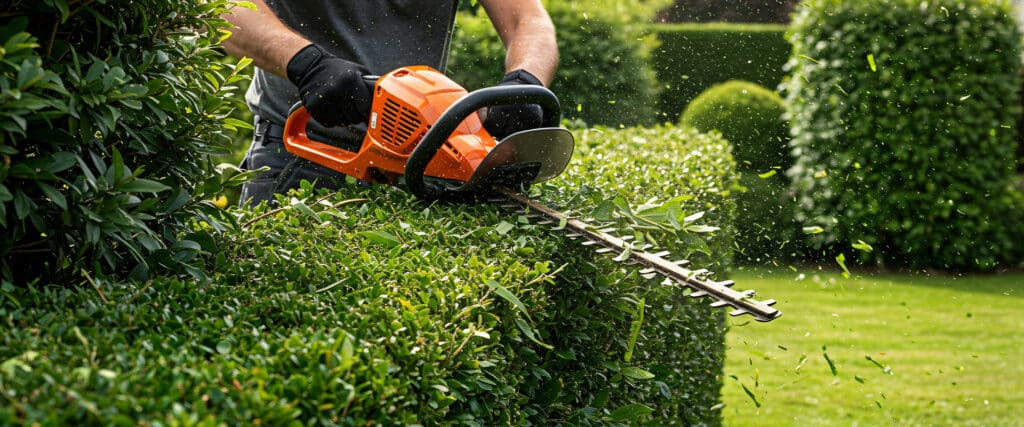 Un jardinier ganté taille une haie verte avec une taille-haie électrique orange, projetant des débris végétaux dans le jardin.