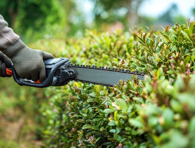 Gros plan sur des mains gantées utilisant une petite tronçonneuse pour tailler une haie de buissons verts en extérieur.