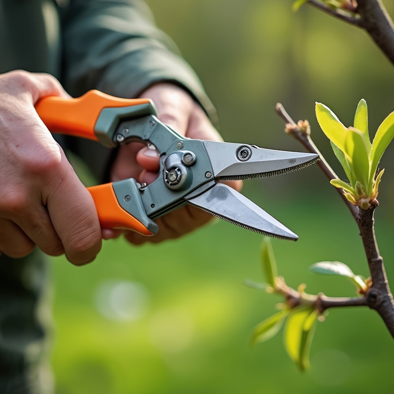 Mains tenant des sécateurs à poignées orange et grises, prêts à tailler une jeune pousse d'arbre aux feuilles vert clair, en extérieur ensoleillé.